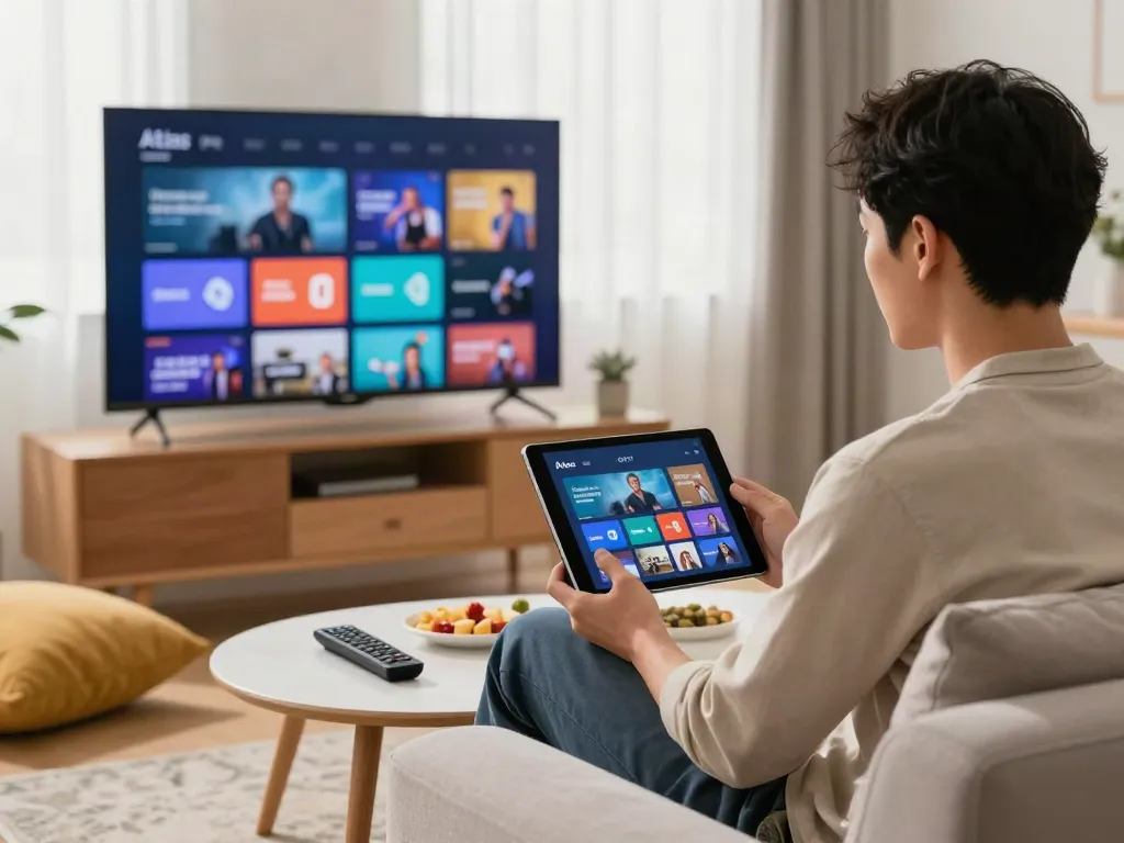 Utilisation de l'application Atlas Pro ONTV sur une tablette dans un salon confortable.