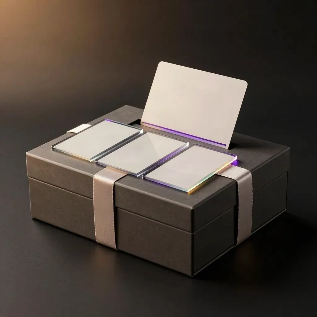 Boîte de lancement scellée avec cartes vierges, ruban et plaques acryliques violettes sur fond sombre.
