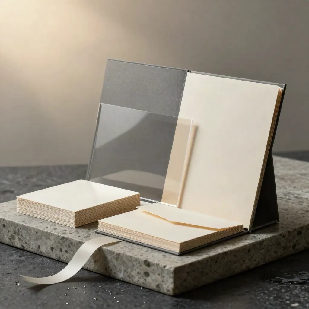 Kit de lancement graphite sur socle de pierre, cartes, enveloppes et voiles dans une brume matinale.