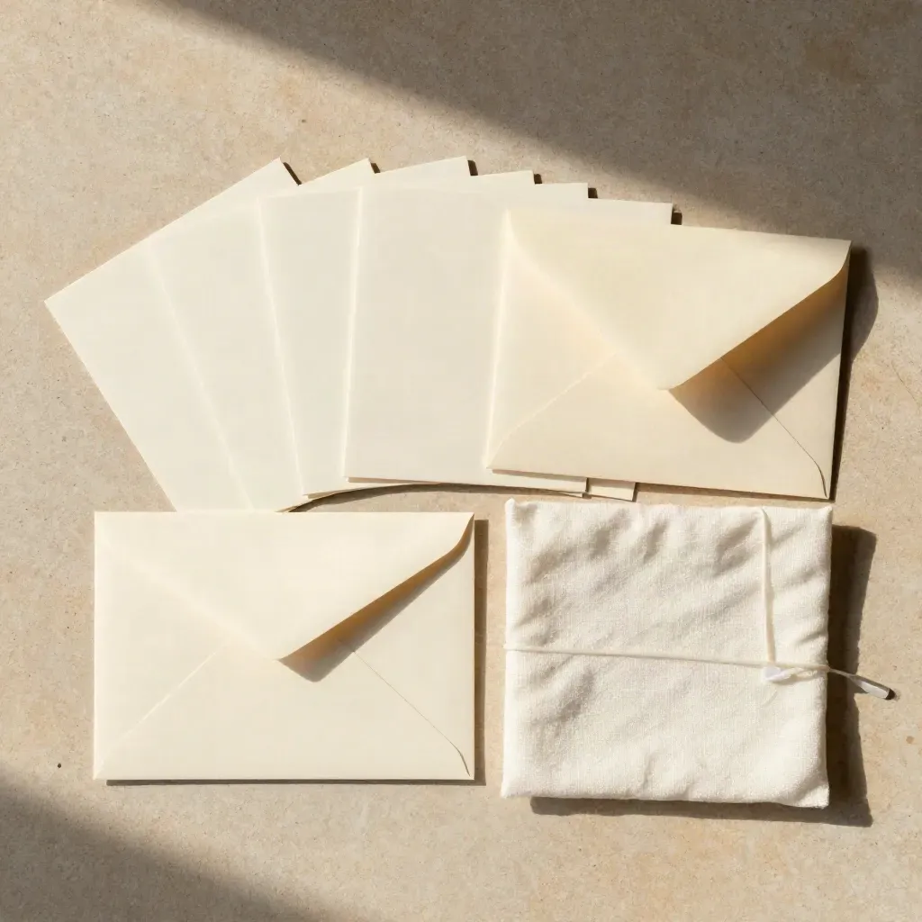 Vue zénithale d’un kit email avec cartes vierges, enveloppe pliée, tissu et attache pâle.
