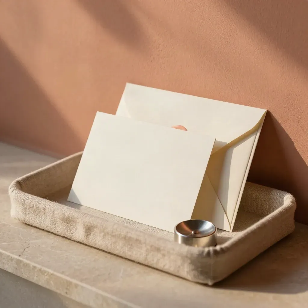 Plateau en lin avec cartes vierges, enveloppe scellée et presse-papier métallique sur mur de plâtre.