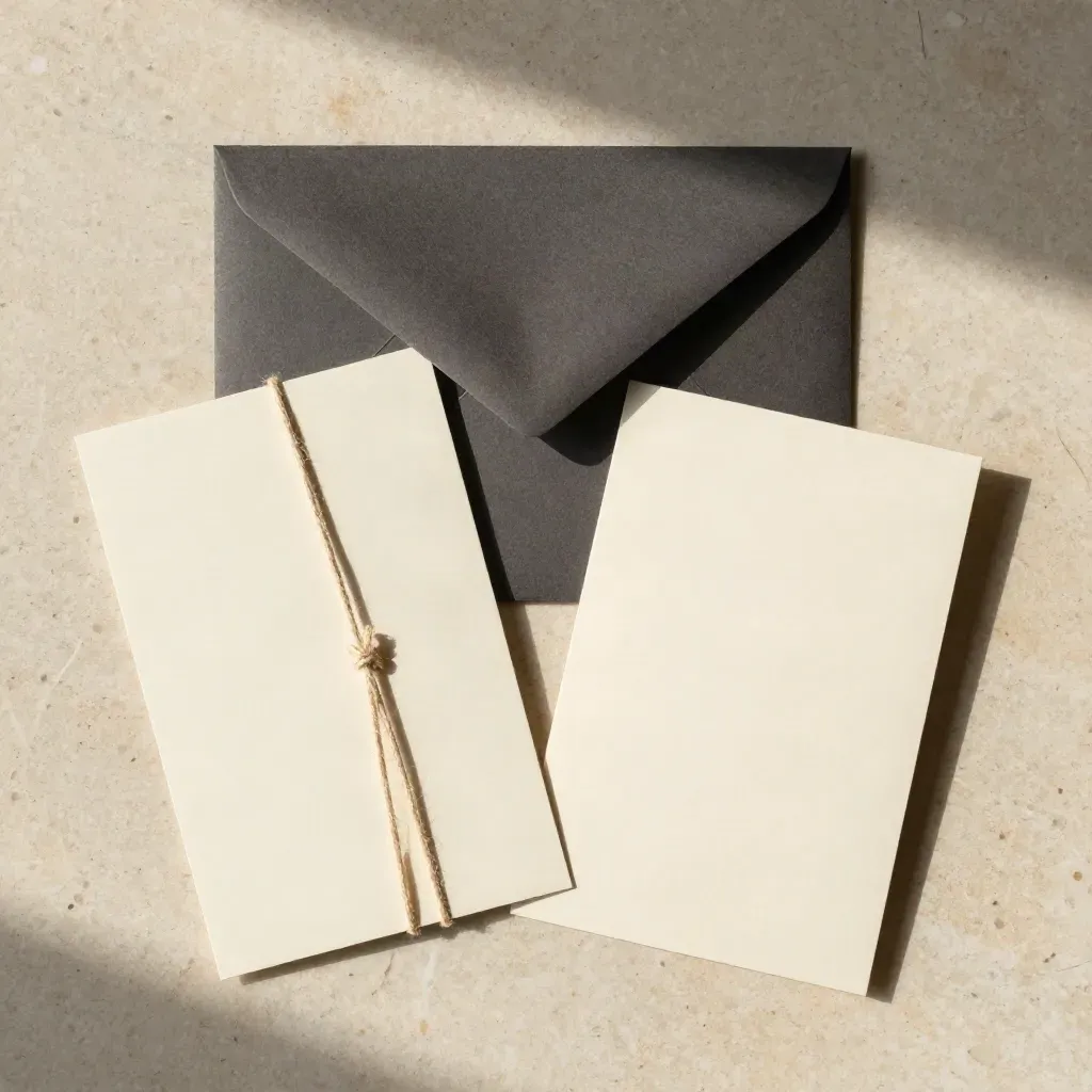 Vue zénithale d’un pack parrainage simple avec cartes liées et enveloppe mate sur travertin.