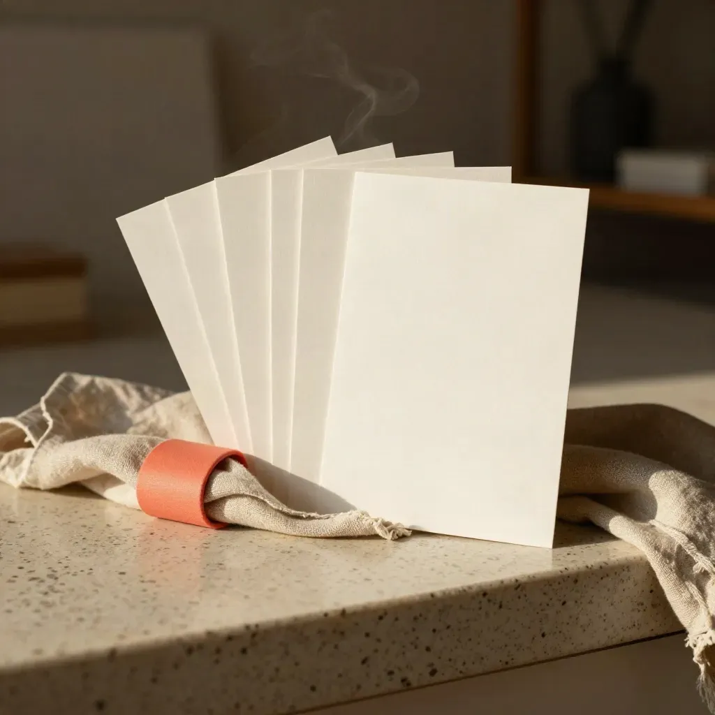 Cartes verticales et ruban corail sur une tablette en travertin, avec lin et vapeur matinale.