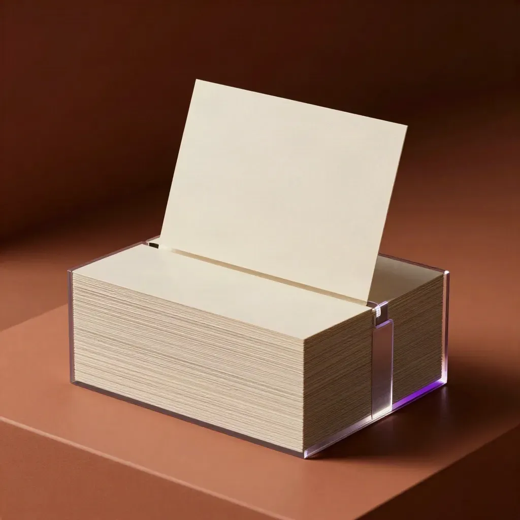 Boîte de script reels avec cartes blanches, arceaux en acrylique et lumière violette douce.