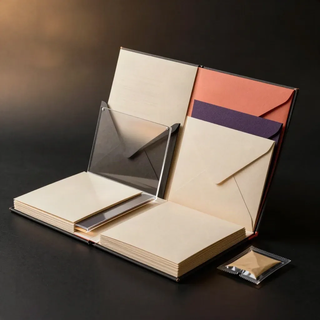 Coffret de lancement marketing avec cartes, enveloppes et séparateurs sur fond noir dramatique.