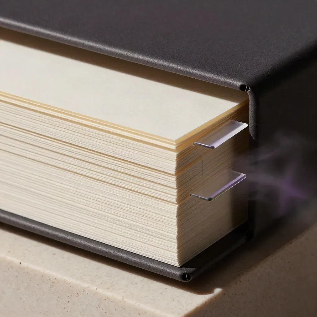 Étui d’audit ouvert, feuillets blancs et séparateurs transparents, lumière violette douce.