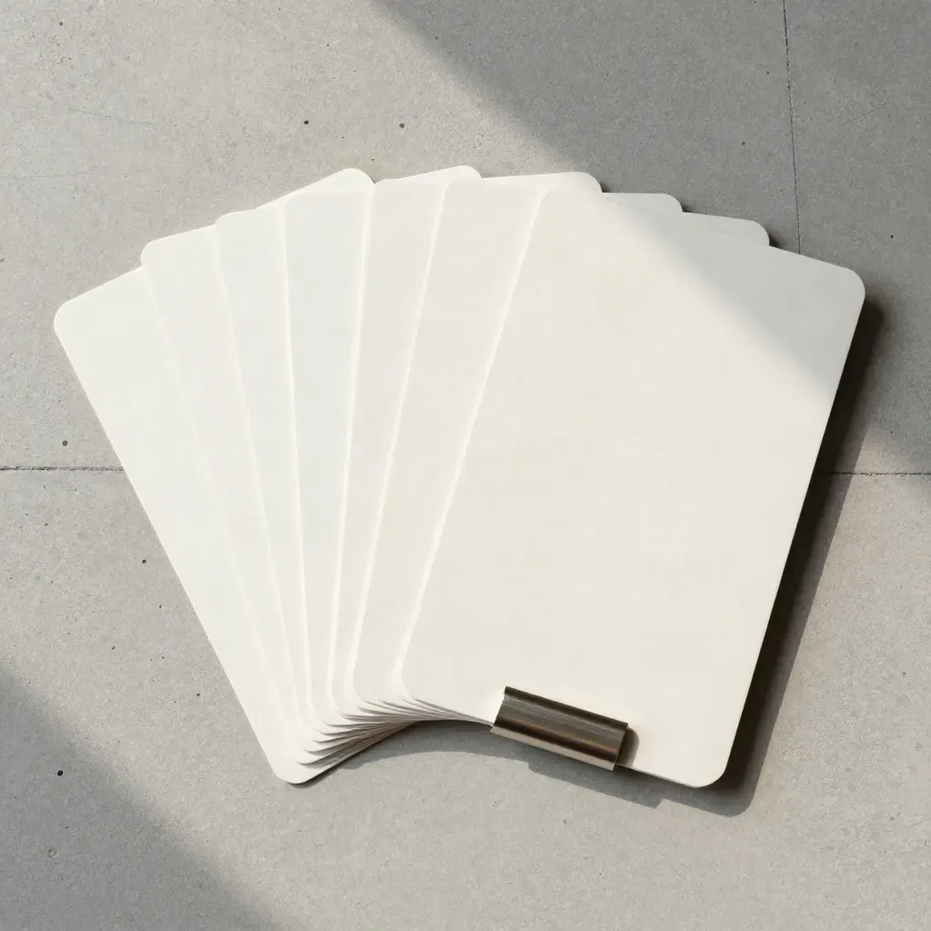 Vue de dessus d’un kit Reels hebdo avec cartes blanc cassé, pochette pliée et pince métal.