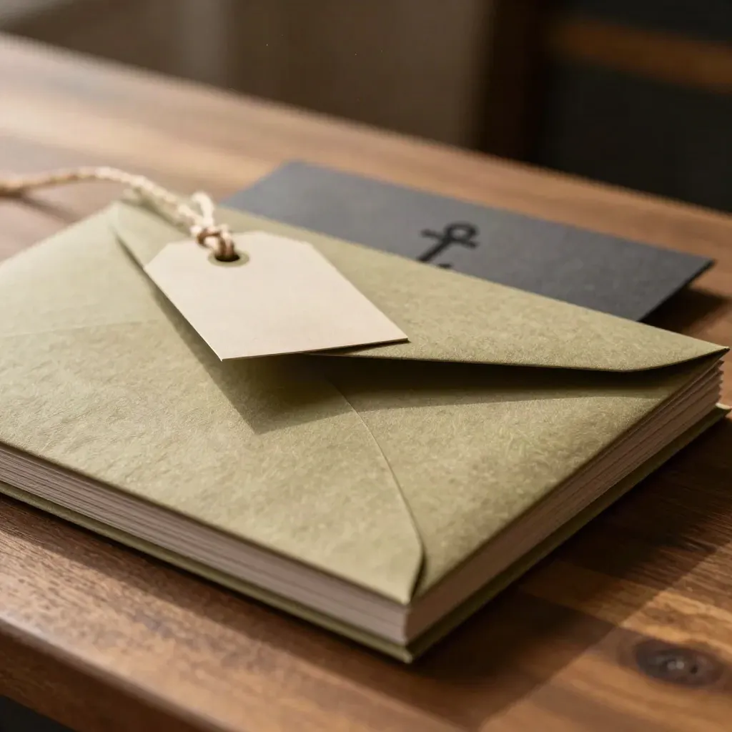Gros plan d’une enveloppe mate, d’échantillons papier décalés et d’une ficelle sur fond sombre.