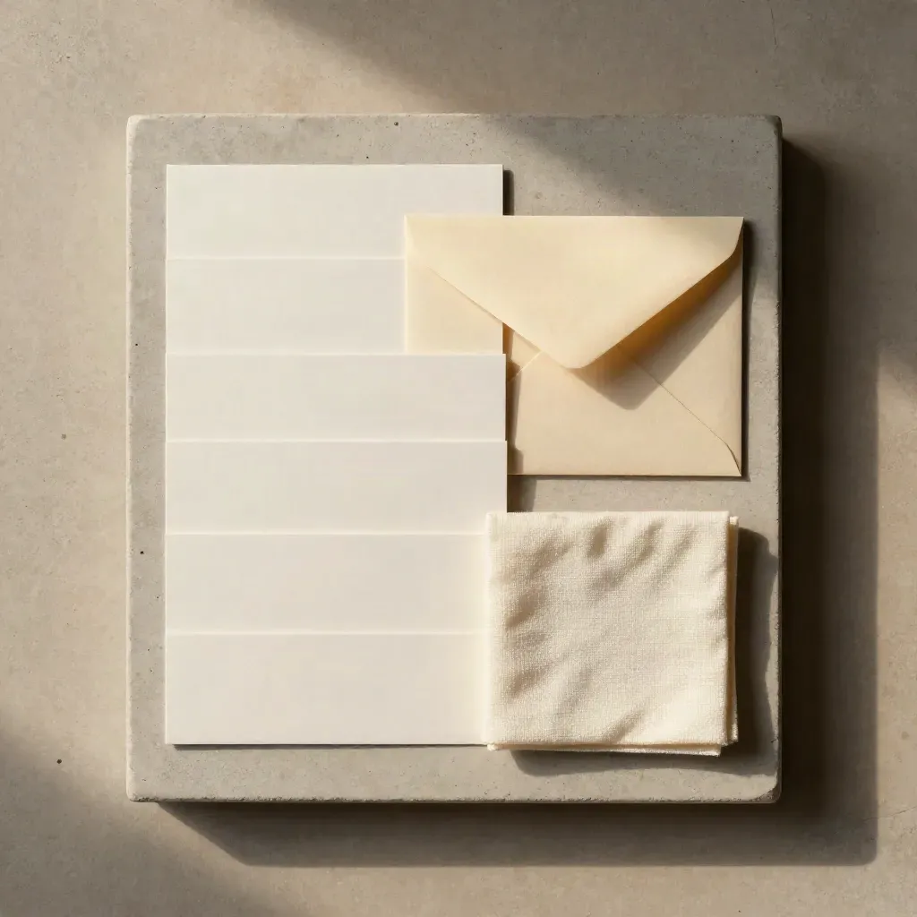 Flatlay de cinq cartes email, une enveloppe et un carré de tissu sur pierre claire.