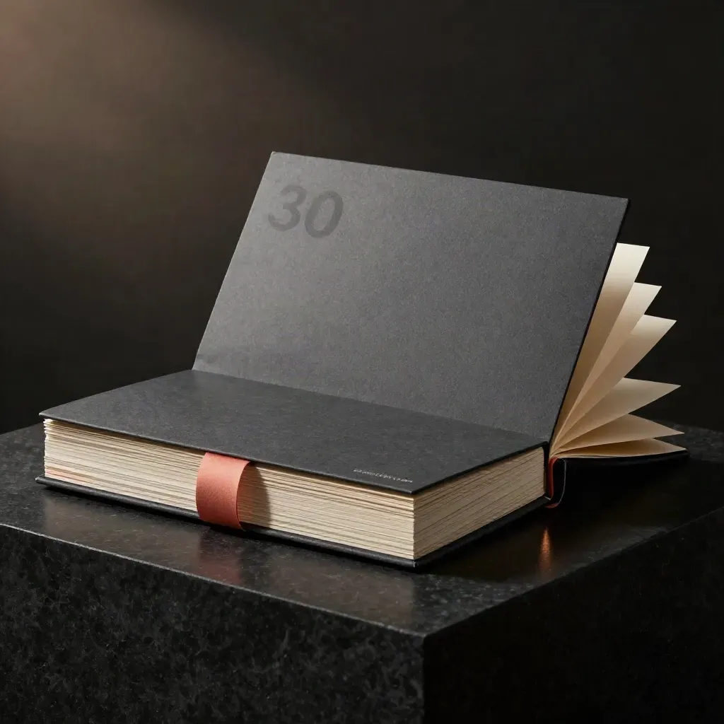 Kit calendrier social 30 jours en folio sombre, cartes blanches et ruban corail sur fond dramatique.