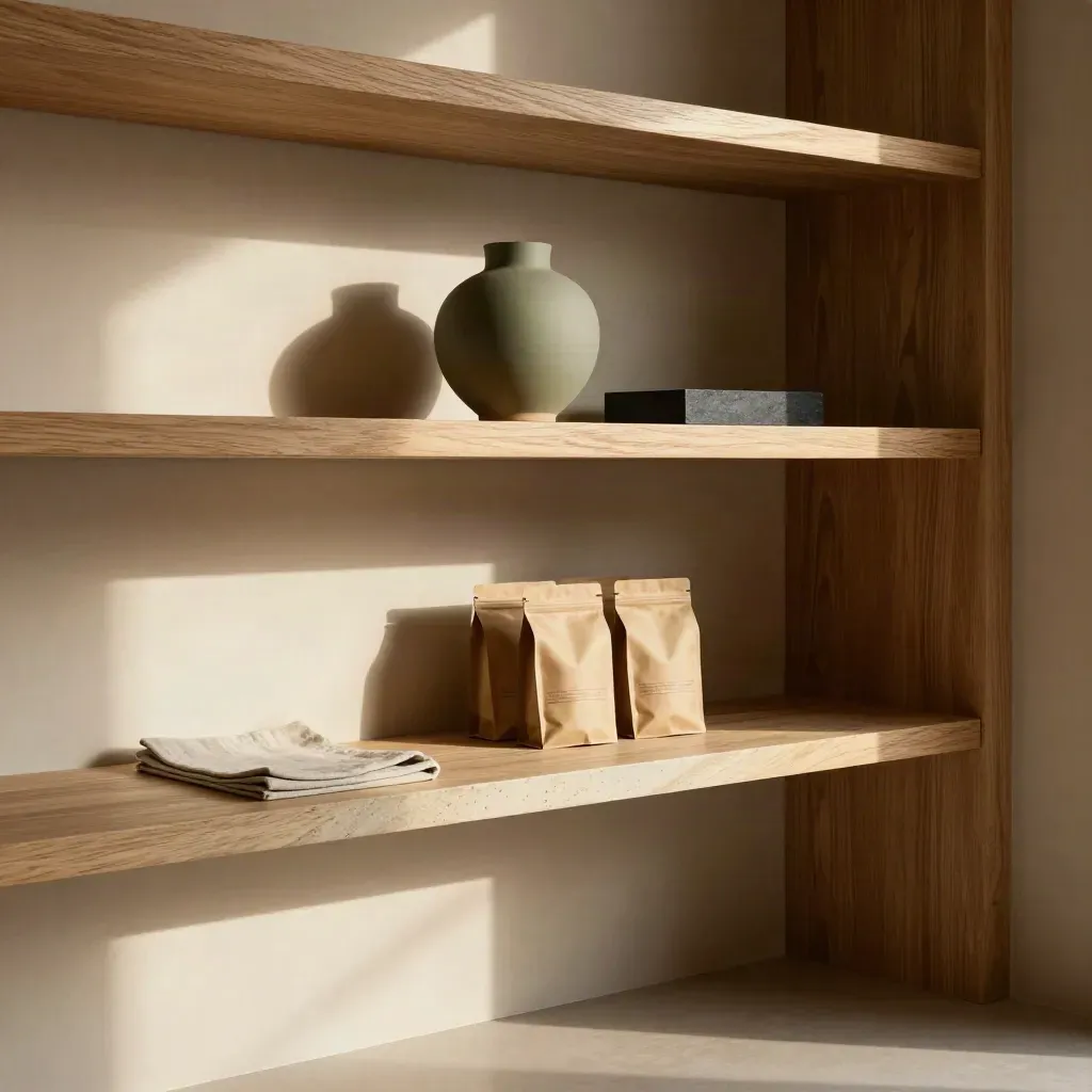 Coin studio chaleureux avec étagères en chêne, niche en plâtre et vase céramique au soleil.