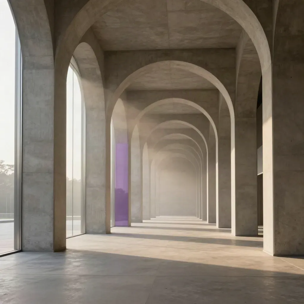 Arcade en béton clair avec reflet violet en hauteur et sol vide pour la copie.