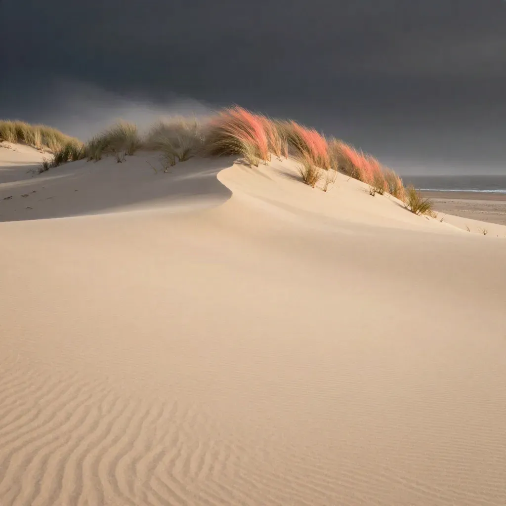 Dune sableuse pâle au bord de l’océan, herbes fines et brume marine.